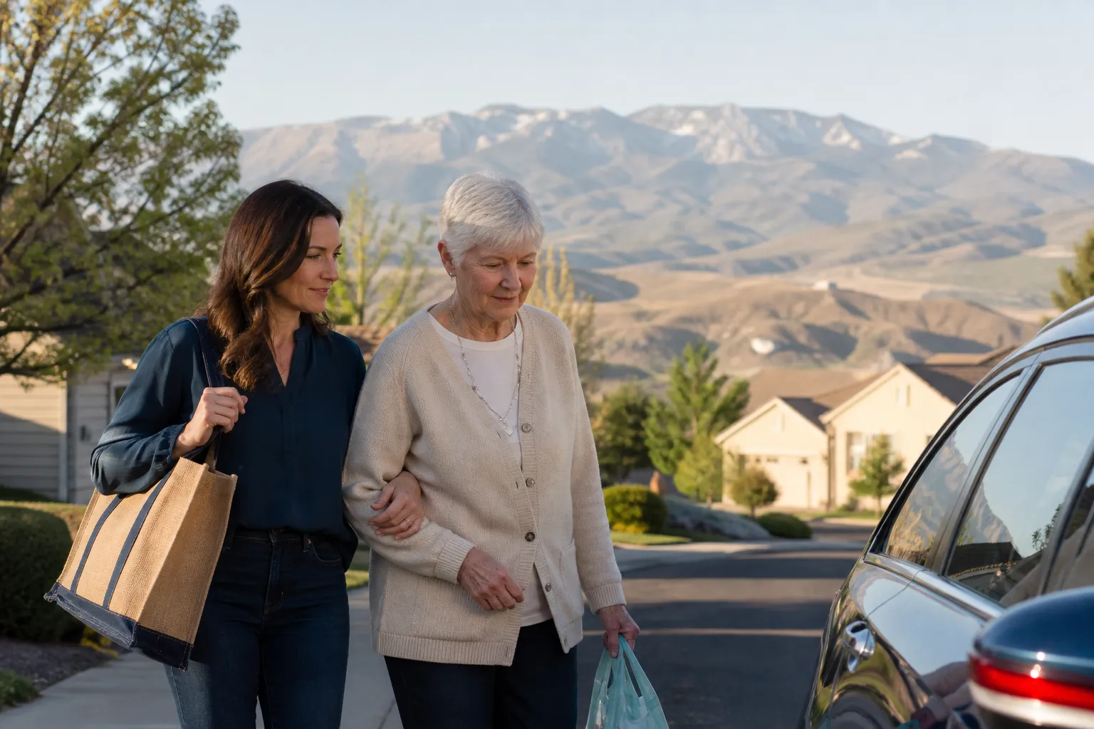 A caregiver accompanying an older adult after a neighborhood errand